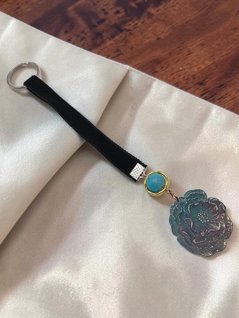 Black Velvet Key & Card Holder with Teal Floral Charm